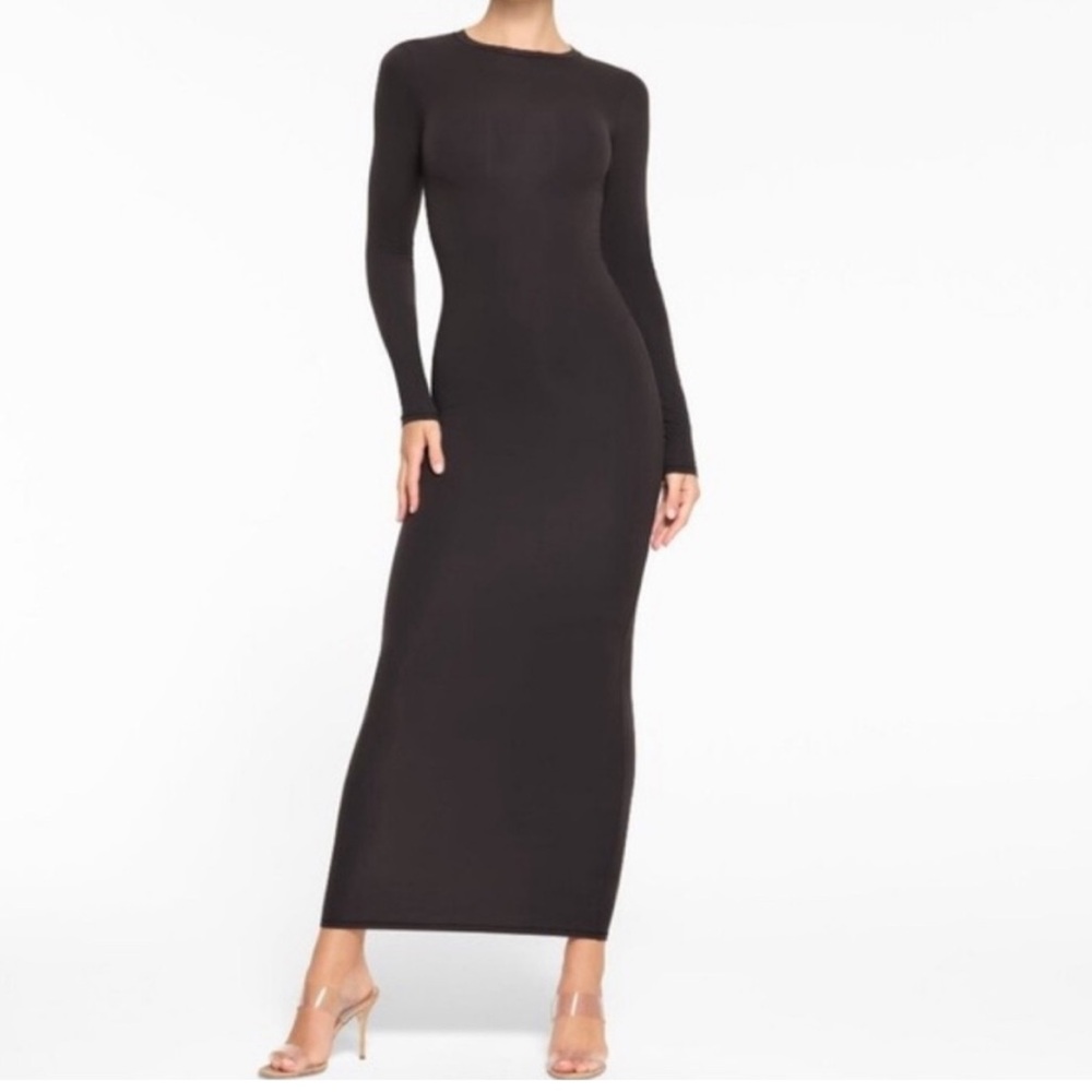 SKIMS Fits Everybody Crewneck Long Sleeve Dress Onyx Black XXS